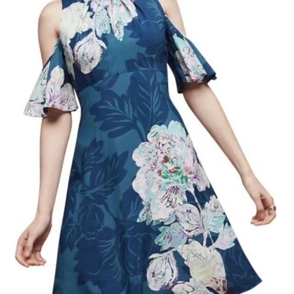 Maeve Teal Green Floral Open Shoulder Dress Size 4 (7362)